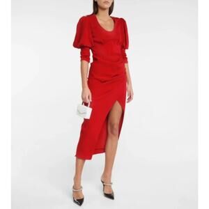 SELF-PORTRAIT Red Ruched GATHERED STRETCH-CREPE MIDI PARTY DRESS US 0